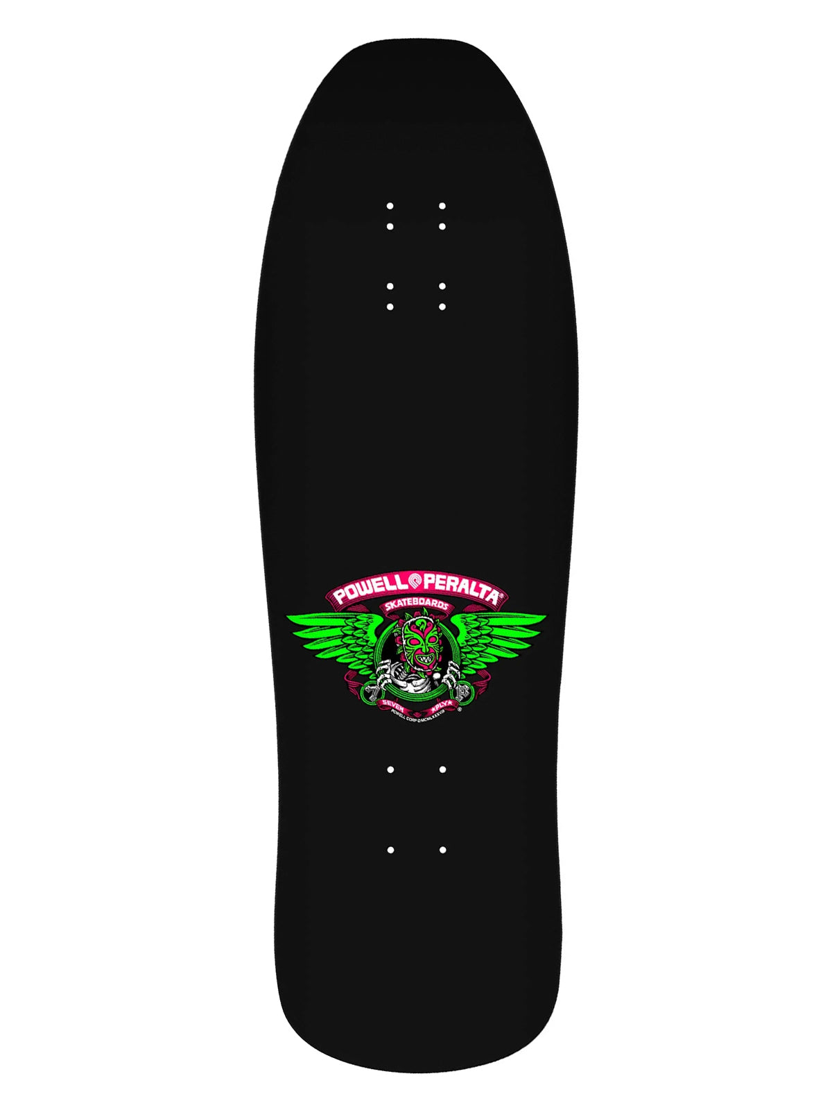 Powell Peralta Nicky Guerrero Mask Blacklight Skateboard Deck in plain black with 'POWELL PERALTA' typography with Neon Pink and Green Polynesian  Winged Ripper logo branding.