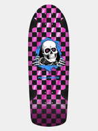 Powell Peralta OG skateboard deck with Geegah Ripper skeleton face breaking through pink and black checkered foil background. 'Powell Peralta' written on it in cyan blue.