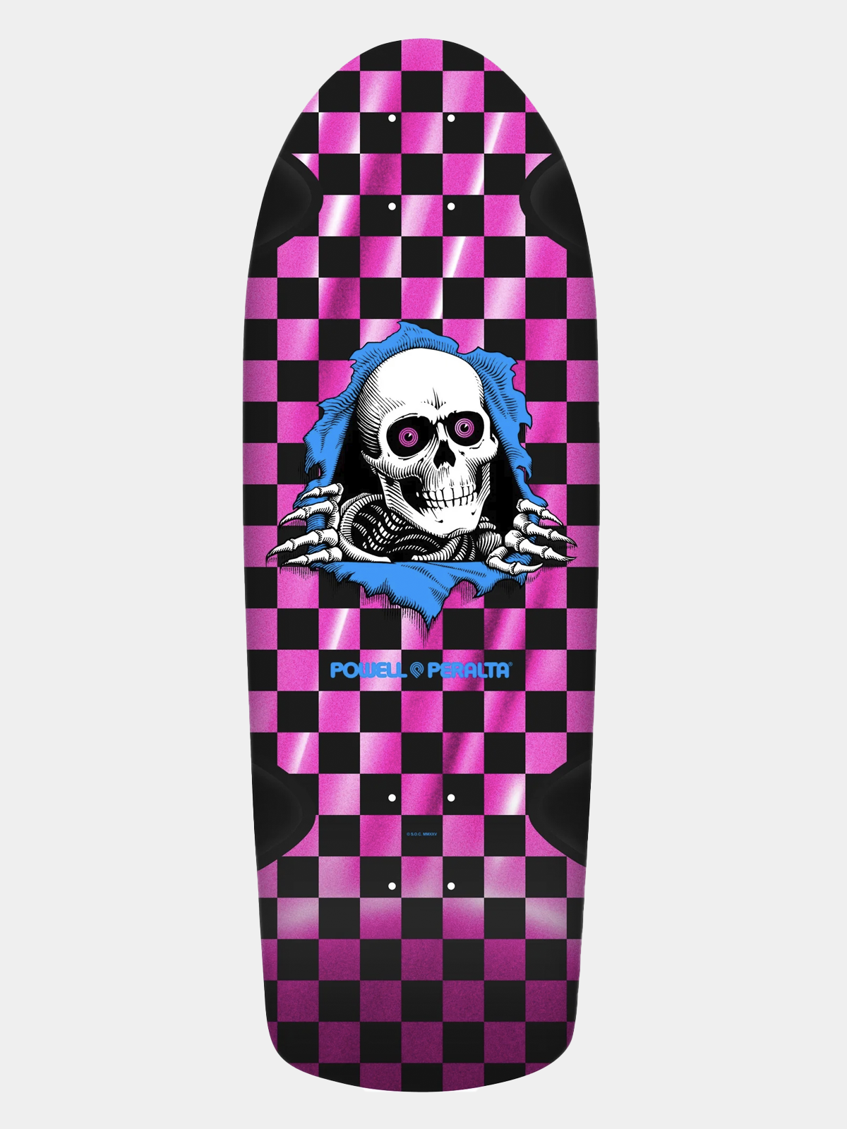 Powell Peralta OG skateboard deck with Geegah Ripper skeleton face breaking through pink and black checkered foil background. 'Powell Peralta' written on it in cyan blue.