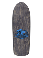 Powell Peralta OG skateboard deck in dark grey woodgrain with cyan blue dragon logo and 'Powell Peralta' written on it.