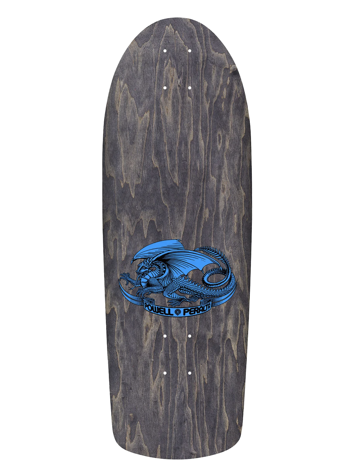Powell Peralta OG skateboard deck in dark grey woodgrain with cyan blue dragon logo and 'Powell Peralta' written on it.