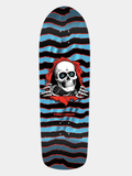 Powell Peralta old school skateboard deck with Geegah Ripper skeleton face breaking through red and blue striped background. 'Powell Peralta' written on it in red.