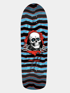Powell Peralta old school skateboard deck with Geegah Ripper skeleton face breaking through red and blue striped background. 'Powell Peralta' written on it in red.