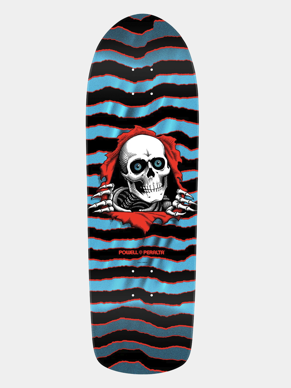 Powell Peralta old school skateboard deck with Geegah Ripper skeleton face breaking through red and blue striped background. 'Powell Peralta' written on it in red.