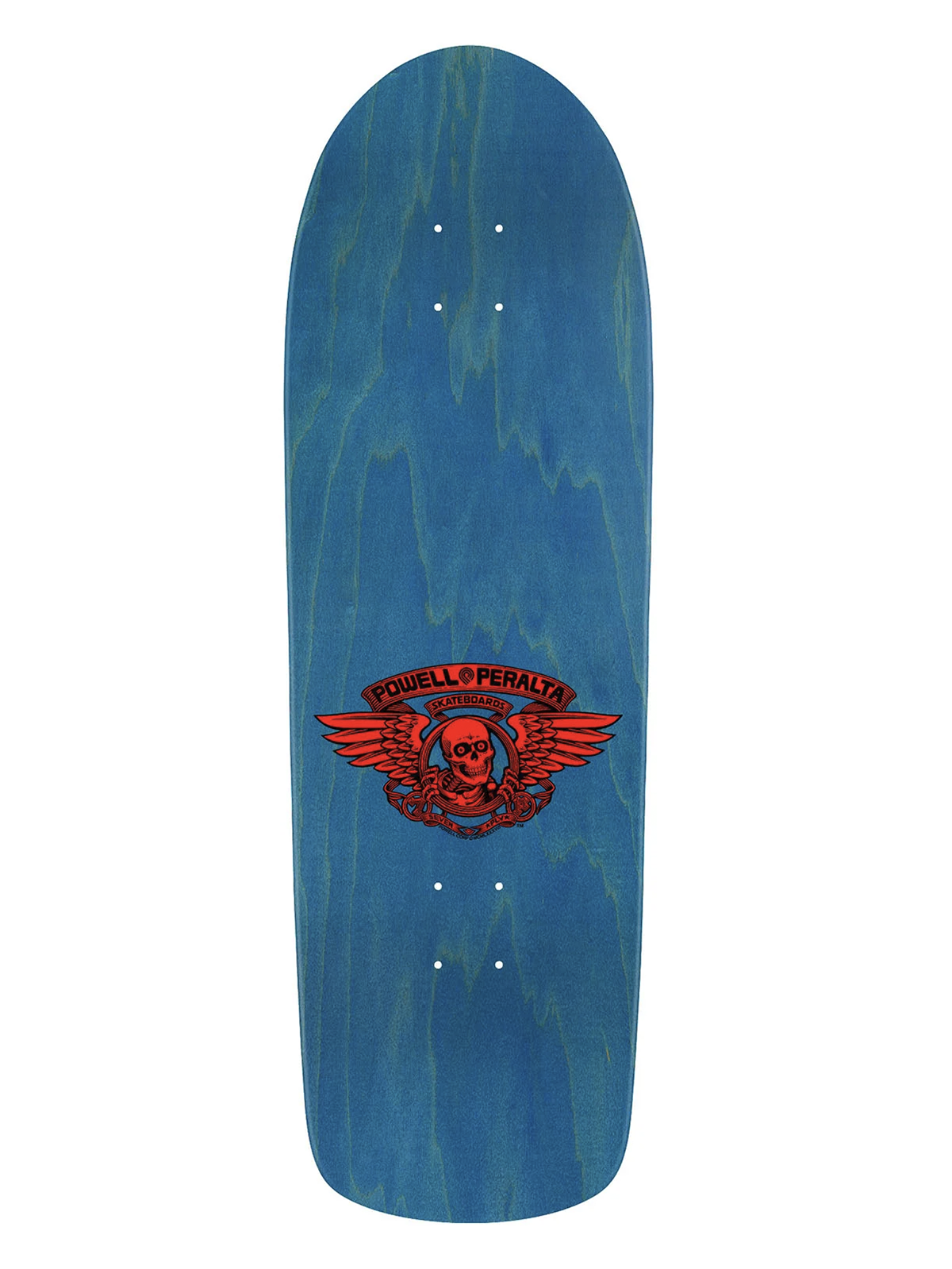 Powell Peralta old school skateboard deck in blue woodgrain with red Geegah Skull and angel wings logo and 'Powell Peralta' written on it.