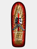 A skateboard deck featuring a graphic design with a red and black background, a central skull and crossed bones motif, and the Powell Pincus brand name in white script near the bottom.