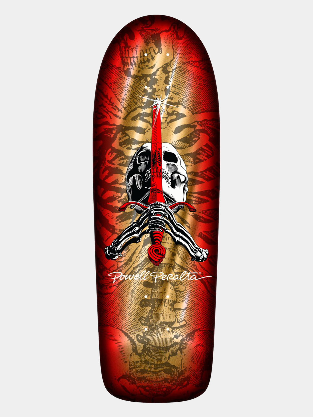 A skateboard deck featuring a graphic design with a red and black background, a central skull and crossed bones motif, and the Powell Pincus brand name in white script near the bottom.