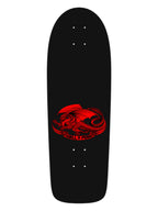 A black skateboard deck featuring a red dragon graphic and the words 'MUELLO PANDA' printed on the underside, shown against a plain white background.