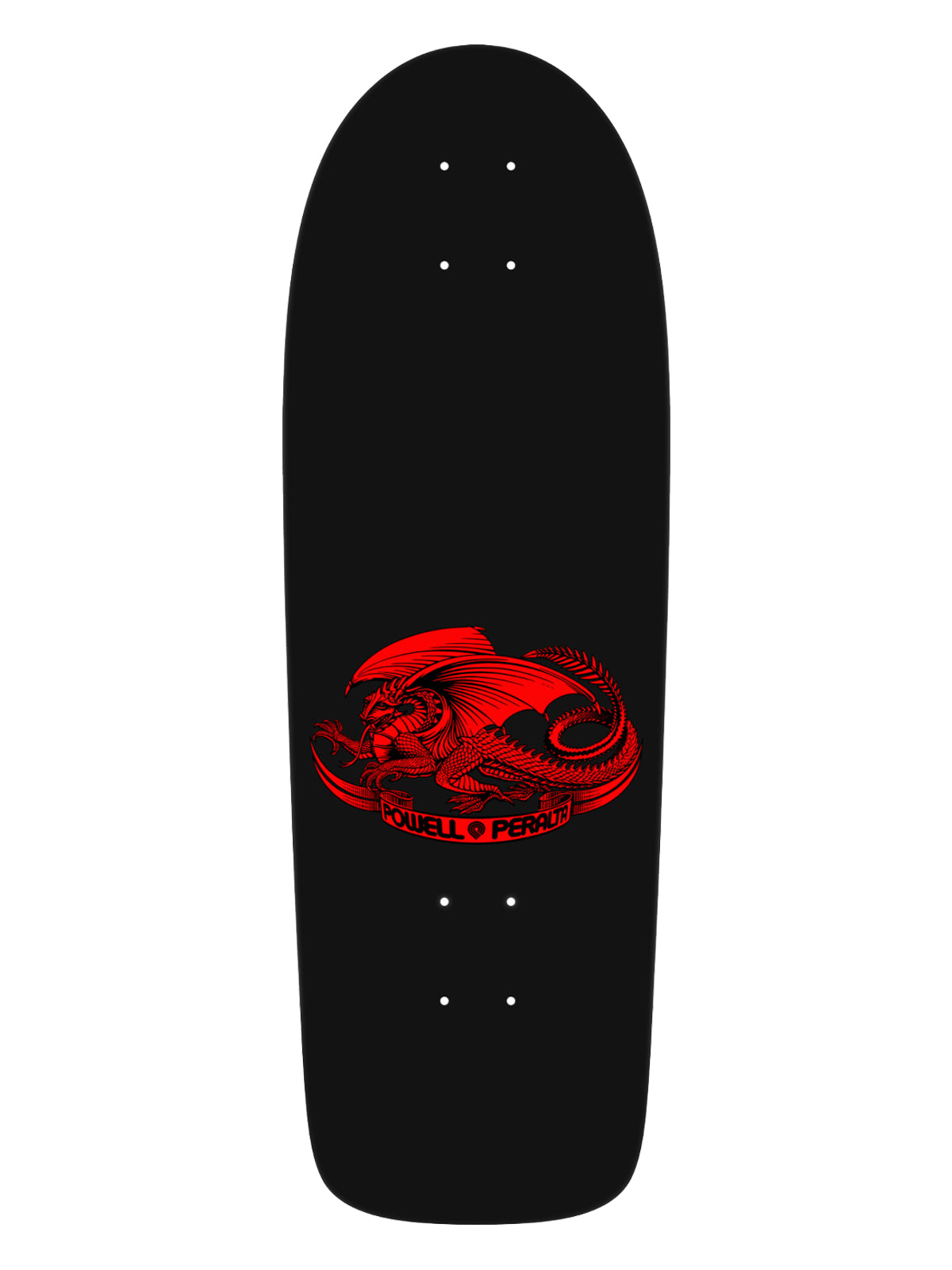 A black skateboard deck featuring a red dragon graphic and the words 'MUELLO PANDA' printed on the underside, shown against a plain white background.