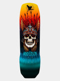 A skateboard deck featuring a highly detailed graphic illustration of a skull wearing a feathered headdress, with a black spider on a pole at the top and the brand name 'ANDERSON' in bright blue text near the bottom.