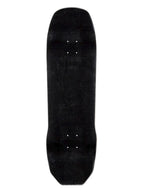 A black skateboard deck with grip tape, shown vertically against a plain white background.