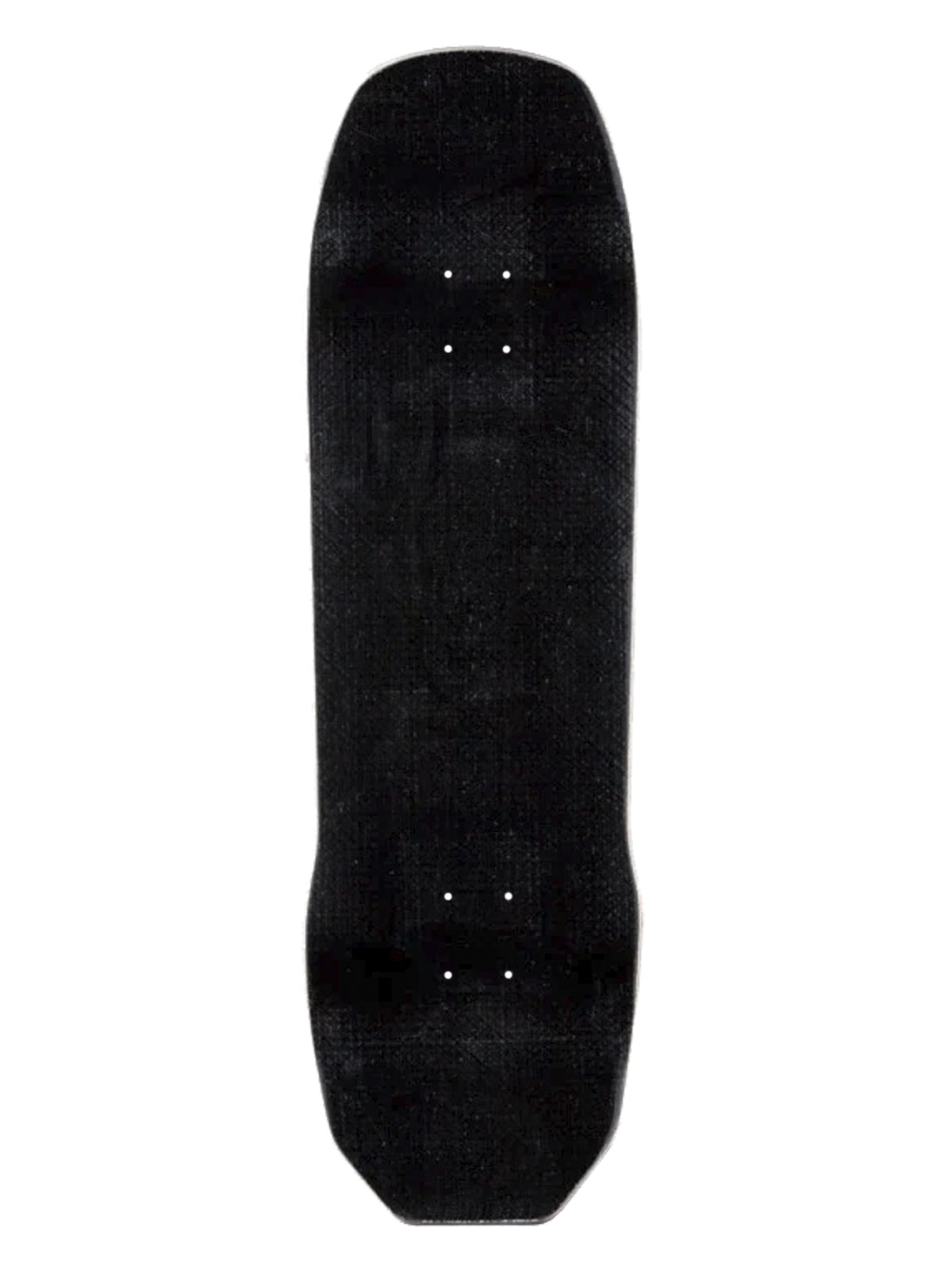 A black skateboard deck with grip tape, shown vertically against a plain white background.