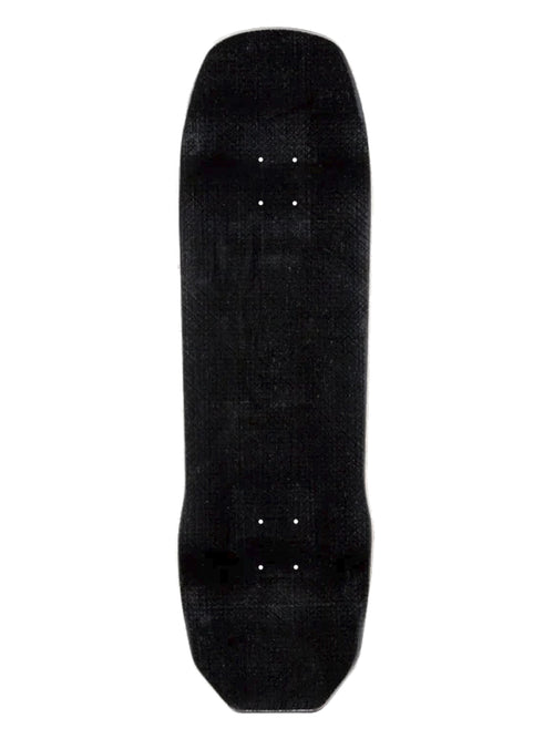 A black skateboard deck with grip tape, shown vertically against a plain white background.