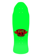 A bright neon green skateboard deck with a red and black winged skull graphic and the words 'FUCKEL PERSE' in the center, shown against a plain white background.