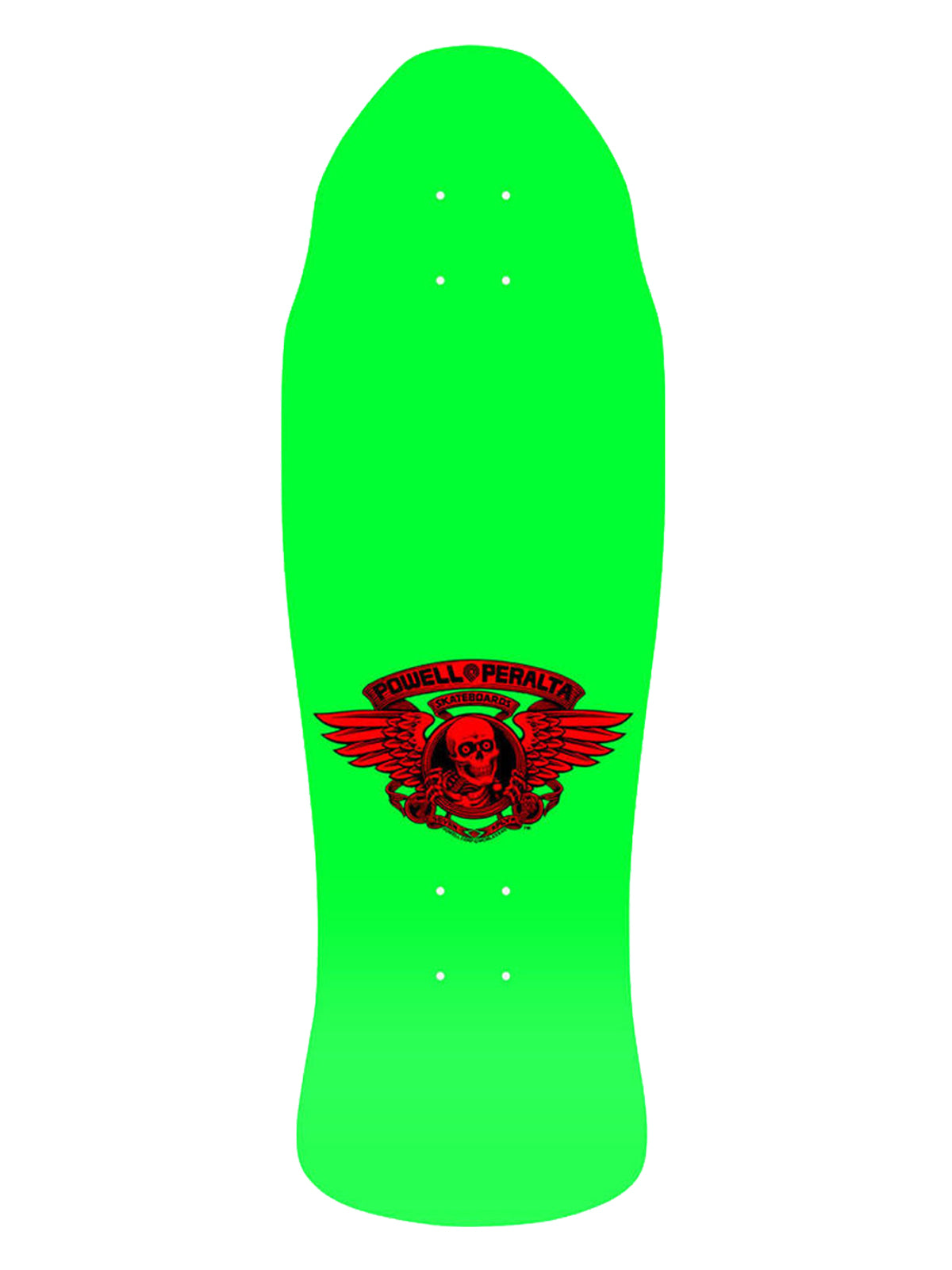 A bright neon green skateboard deck with a red and black winged skull graphic and the words 'FUCKEL PERSE' in the center, shown against a plain white background.