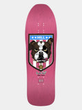 A pink skateboard deck featuring a large graphic of a Boston Terrier inside a shield crest with the word 'HILL' at the top and the model name 'Frank Hill' with '911' below, shown against a light gray background.