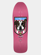 A pink skateboard deck featuring a large graphic of a Boston Terrier inside a shield crest with the word 'HILL' at the top and the model name 'Frank Hill' with '911' below, shown against a light gray background.