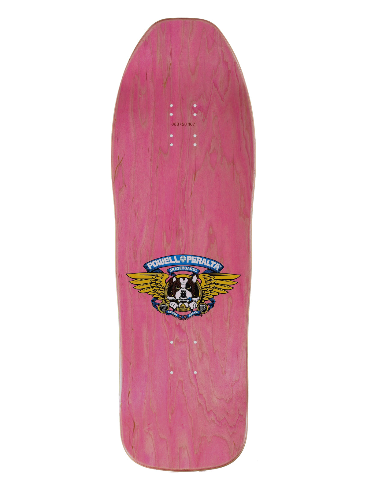 A pink Powell Operaty skateboard deck with a natural wood grain finish and a central graphic featuring a bulldog and the text 'POWELL OPERATY'.