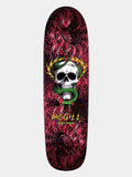 A skateboard deck featuring a detailed graphic of a white skull wrapped in a green snake, set against a dark red and black snakeskin pattern. The brand name 'McGill' is printed in yellow below the skull.