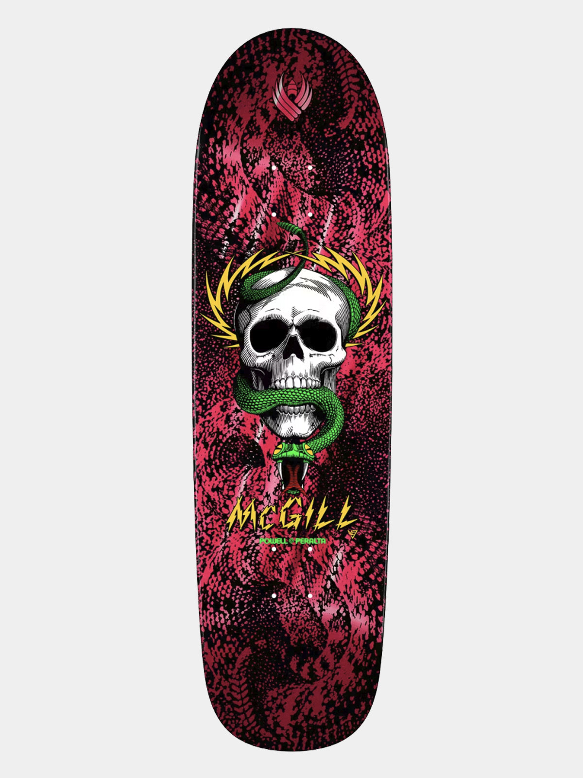 A skateboard deck featuring a detailed graphic of a white skull wrapped in a green snake, set against a dark red and black snakeskin pattern. The brand name 'McGill' is printed in yellow below the skull.