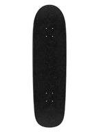 A black skateboard deck with grip tape, shown from a top-down view against a plain white background.