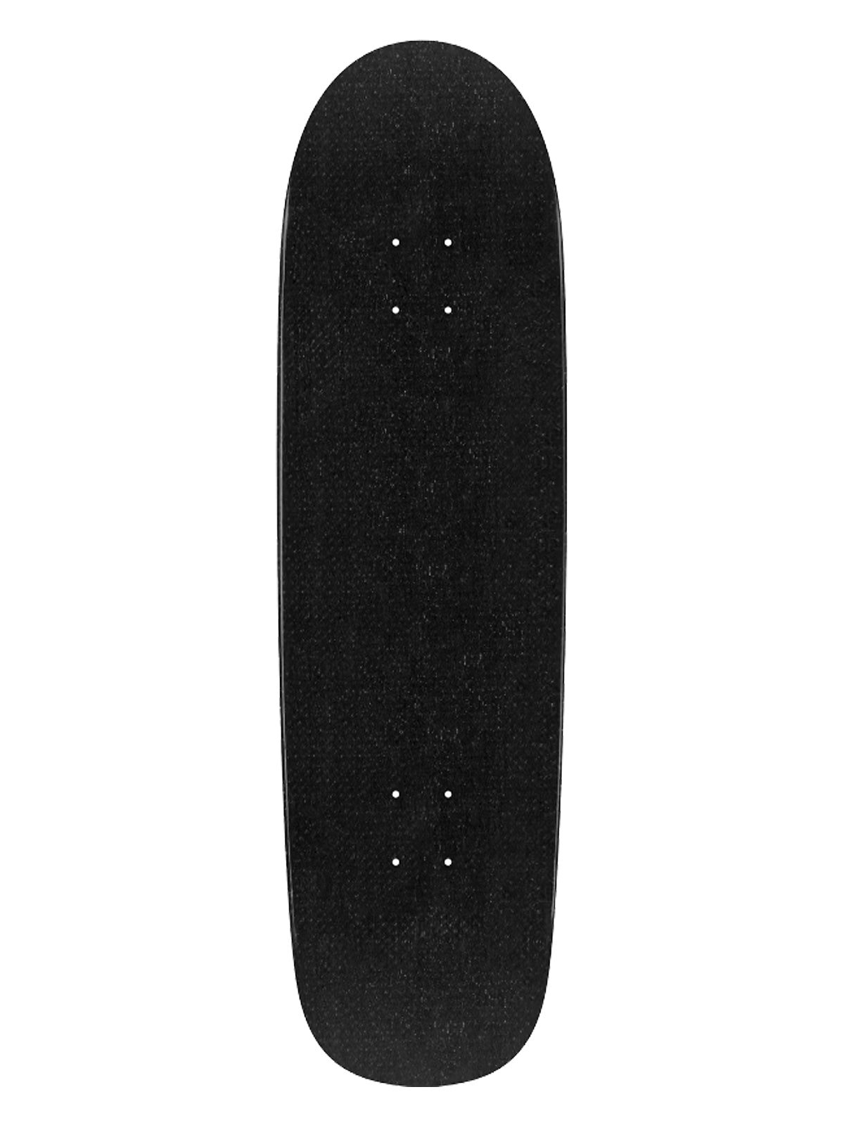 A black skateboard deck with grip tape, shown from a top-down view against a plain white background.