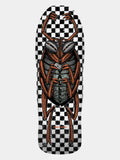 A skateboard deck featuring a large anatomical cockroach illustration over a black and white checkerboard background, shown against a light gray studio backdrop.