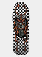 A skateboard deck featuring a large anatomical cockroach illustration over a black and white checkerboard background, shown against a light gray studio backdrop.
