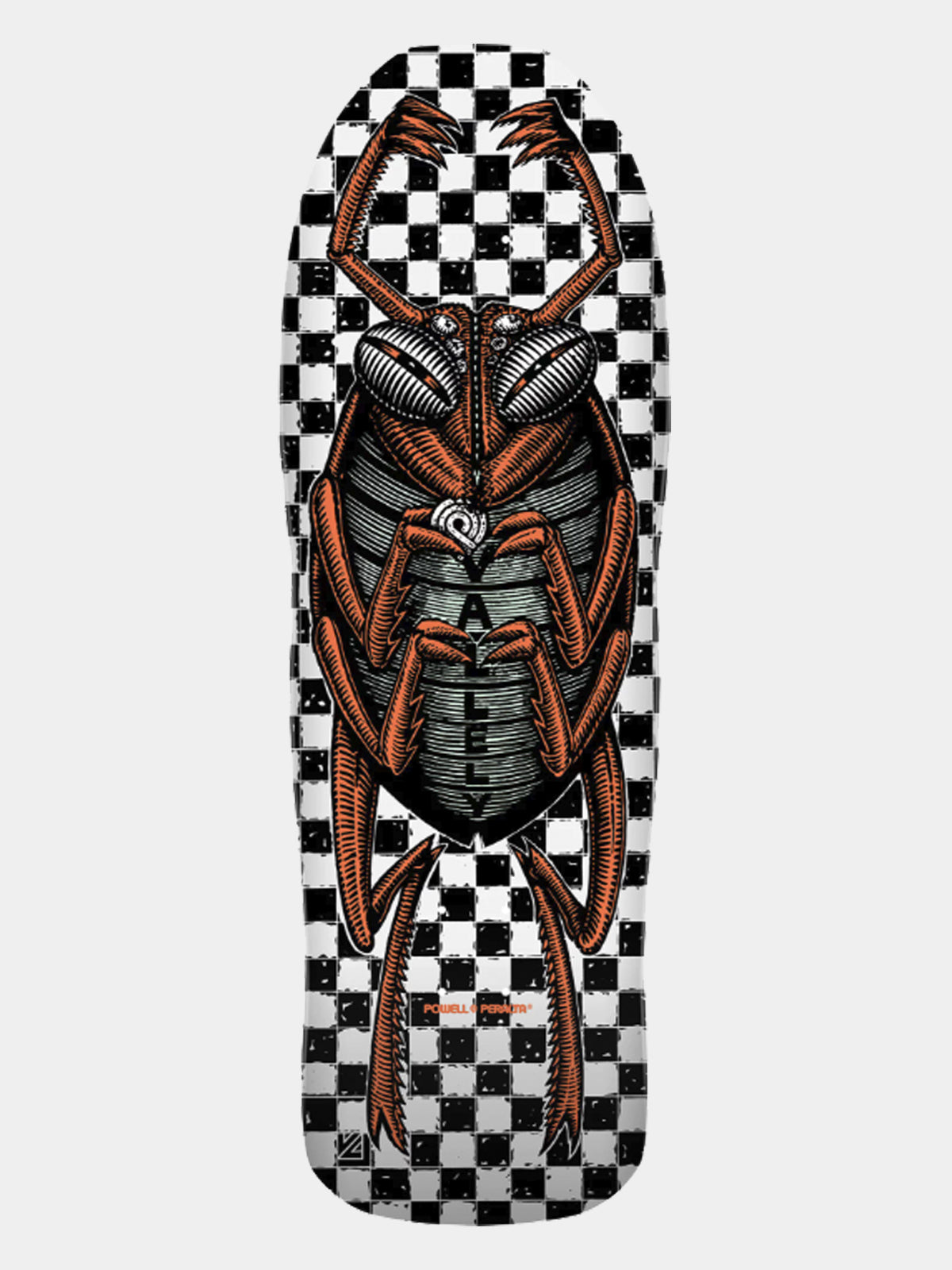 A skateboard deck featuring a large anatomical cockroach illustration over a black and white checkerboard background, shown against a light gray studio backdrop.