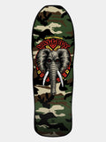 A skateboard deck featuring a green camouflage pattern with a large central graphic of an elephant wearing a red and yellow headdress. The words 'KOWELL & PERKINS' and 'VALHALLA' are printed above the elephant graphic.