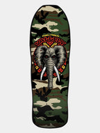 A skateboard deck featuring a green camouflage pattern with a large central graphic of an elephant wearing a red and yellow headdress. The words 'KOWELL & PERKINS' and 'VALHALLA' are printed above the elephant graphic.