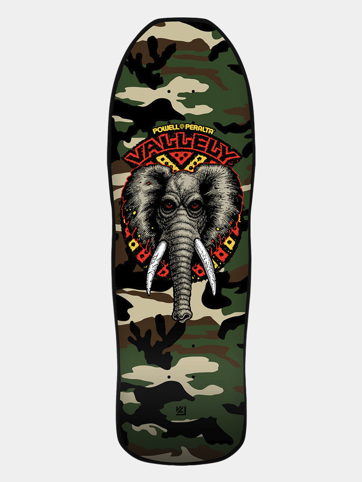 A skateboard deck featuring a green camouflage pattern with a large central graphic of an elephant wearing a red and yellow headdress. The words 'KOWELL & PERKINS' and 'VALHALLA' are printed above the elephant graphic.