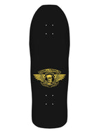 A black Powell Peralta skateboard deck featuring a gold winged skull logo with the brand name 'Powell Peralta' printed in an arch above it, shown against a plain white background.
