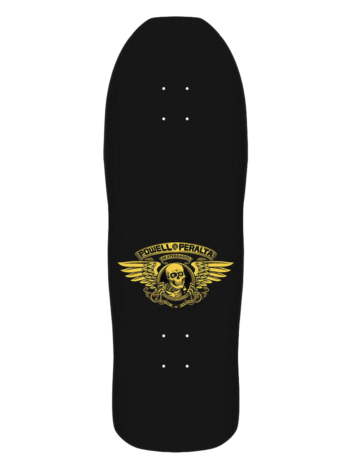 A black Powell Peralta skateboard deck featuring a gold winged skull logo with the brand name 'Powell Peralta' printed in an arch above it, shown against a plain white background.