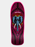 A skateboard deck featuring a vibrant magenta and black geometric pattern with a central blue elephant graphic and red 'Vahley' branding.