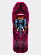 A skateboard deck featuring a vibrant magenta and black geometric pattern with a central blue elephant graphic and red 'Vahley' branding.
