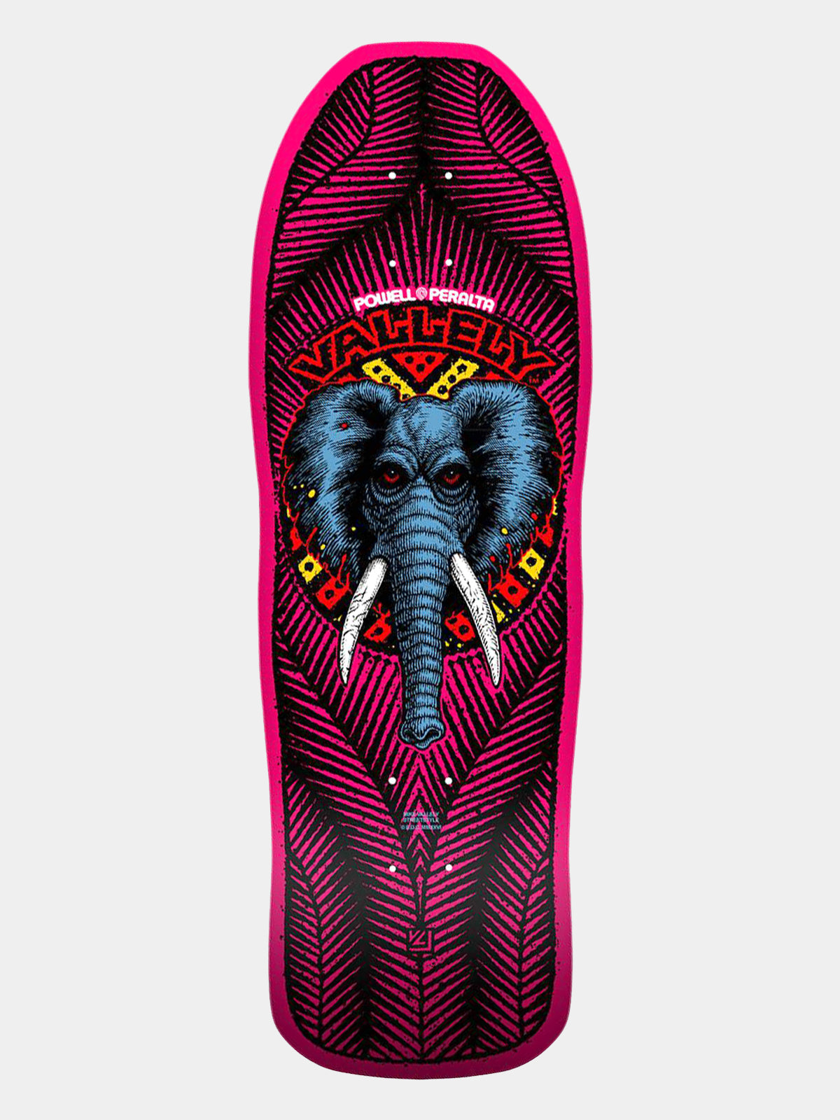 A skateboard deck featuring a vibrant magenta and black geometric pattern with a central blue elephant graphic and red 'Vahley' branding.