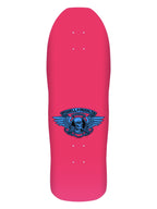 A bright pink skateboard deck with a blue and black Powell Operative skull graphic in the center, shown against a plain white background.