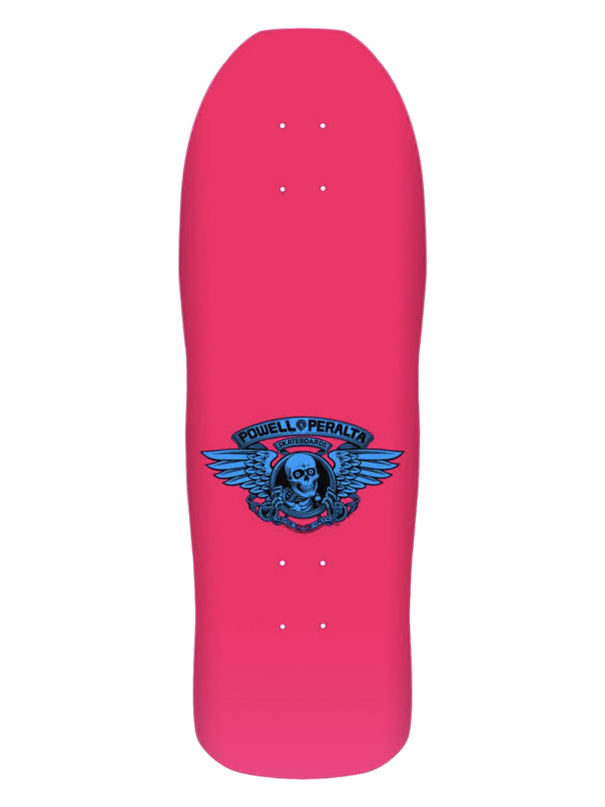 A bright pink skateboard deck with a blue and black Powell Operative skull graphic in the center, shown against a plain white background.