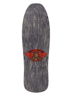 A longboard skateboard deck shown from the underside, featuring a dark gray wood grain pattern with a red and gold Michel Lemaire winged logo in the center.