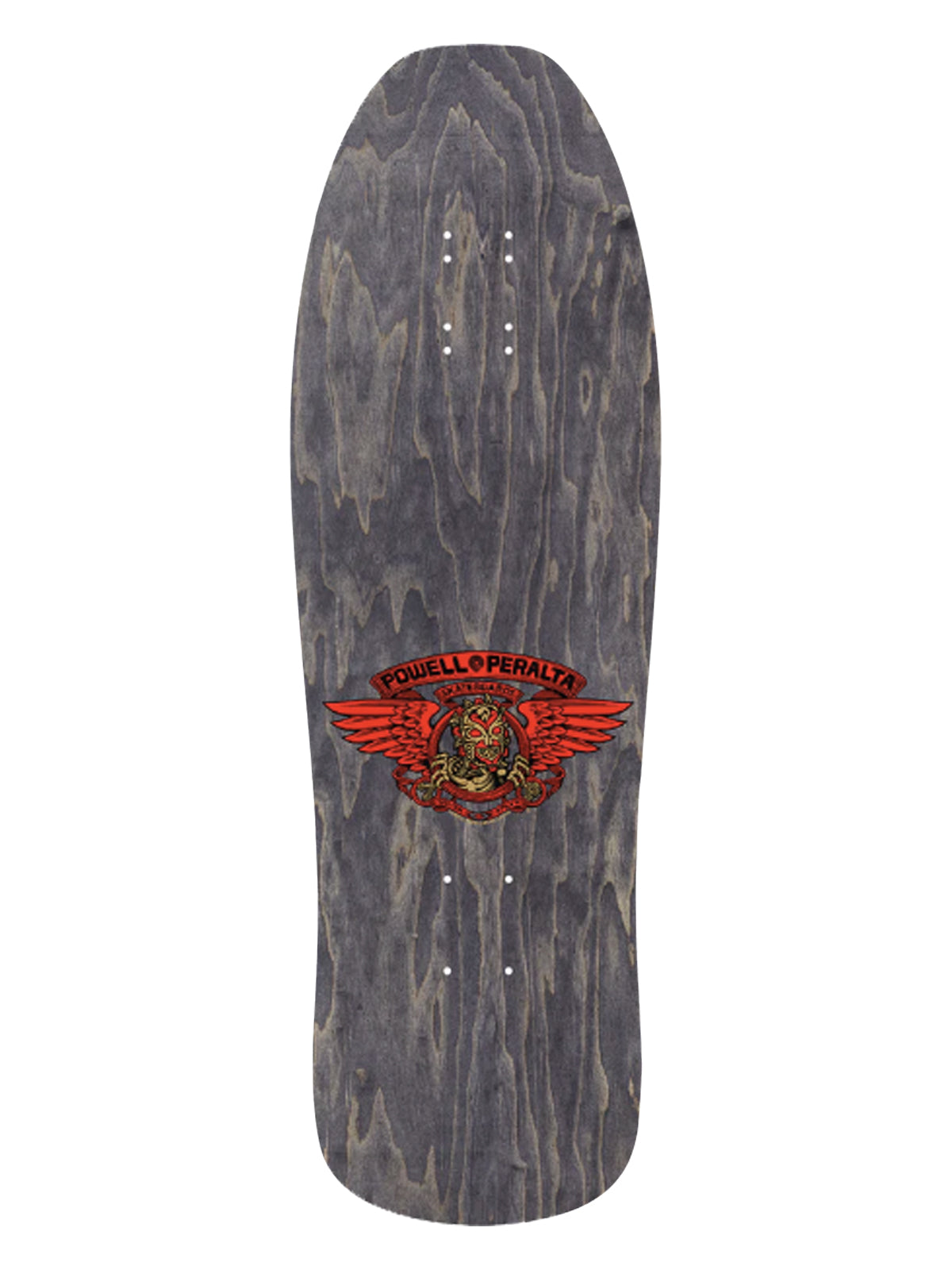 A longboard skateboard deck shown from the underside, featuring a dark gray wood grain pattern with a red and gold Michel Lemaire winged logo in the center.