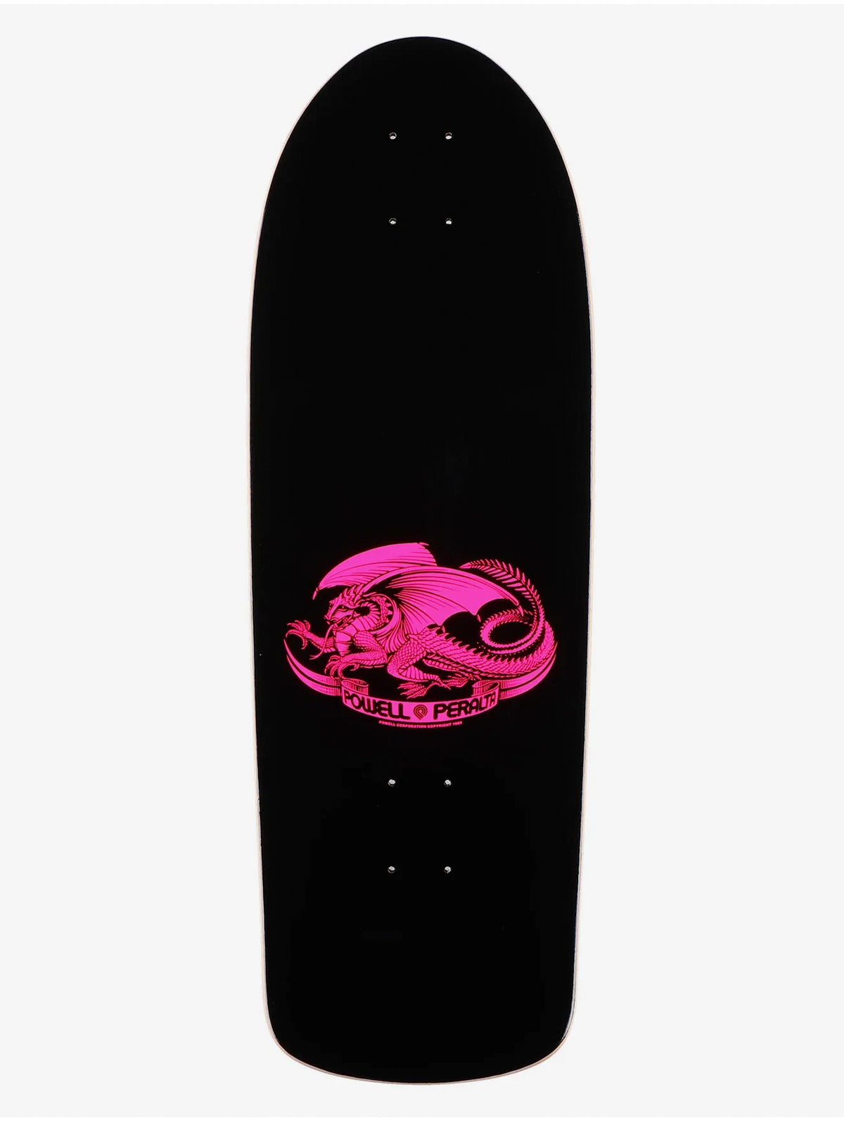 A black skateboard deck featuring a vibrant pink graphic of a dragon wrapped in a banner that reads 'QUELLA PESS' on a light gray background.