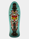 A longboard skateboard deck featuring a detailed graphic design with a turquoise background and a central totem pole motif in black, red, white, and yellow. The graphic includes the text 'STRAIGHT' and '5012'.