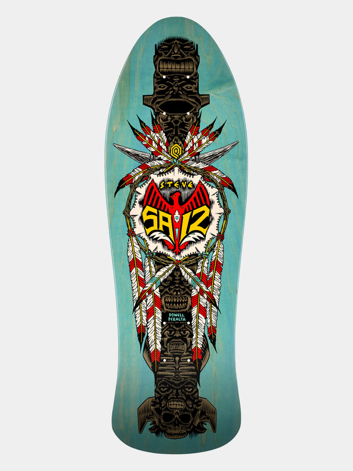 A longboard skateboard deck featuring a detailed graphic design with a turquoise background and a central totem pole motif in black, red, white, and yellow. The graphic includes the text 'STRAIGHT' and '5012'.