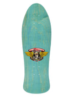 A longboard skateboard deck with a turquoise wood-grain finish and a central Powell Peralta winged skull graphic.
