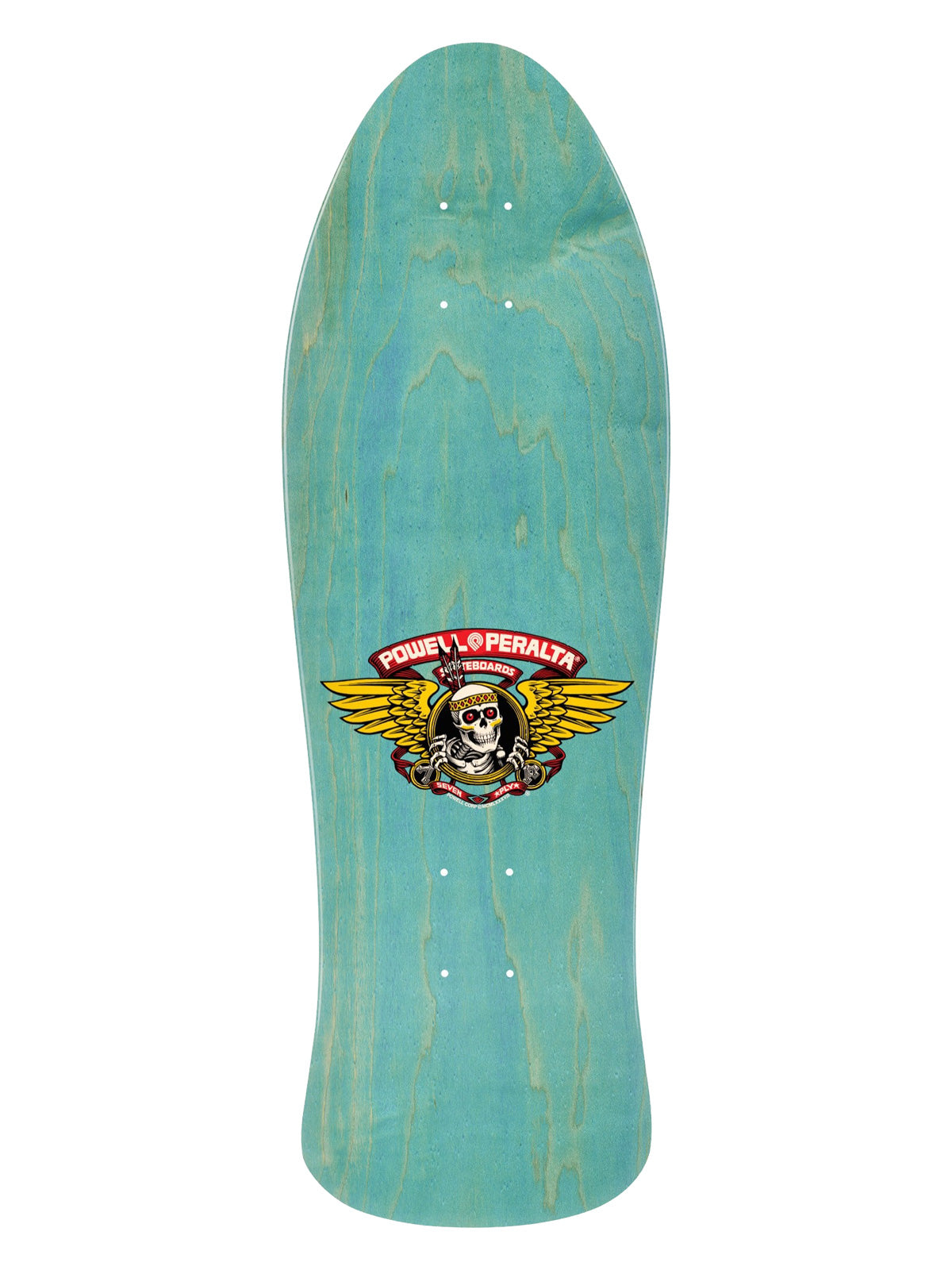 A longboard skateboard deck with a turquoise wood-grain finish and a central Powell Peralta winged skull graphic.
