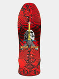 A skateboard deck featuring a graphic design with a red skull and black tribal-style patterns, a white skull at the center, a gold sword, and a banner reading 'Powers & Driven'.