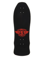 A black Powell Peralta double-ended skateboard deck shown from the underside, featuring a red winged skull logo and brand name in the center.