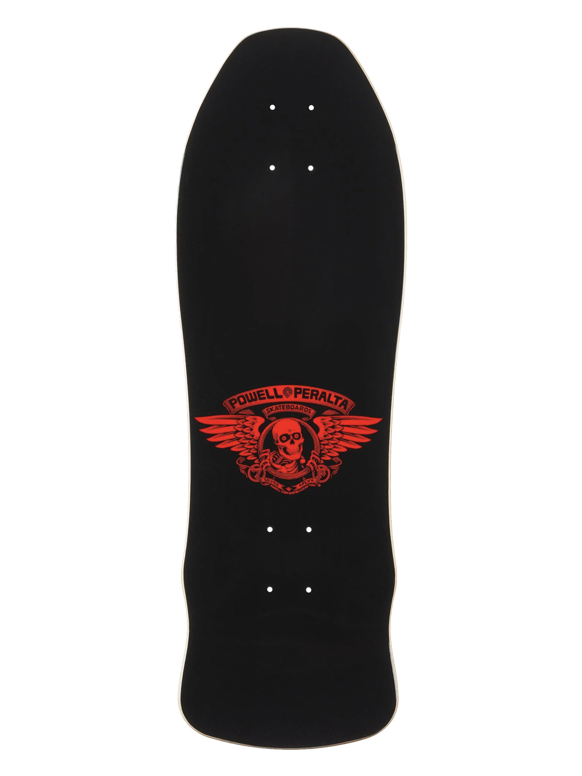 A black Powell Peralta double-ended skateboard deck shown from the underside, featuring a red winged skull logo and brand name in the center.