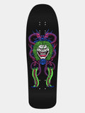 A black skateboard deck featuring a highly detailed graphic of a clown-like monster with bright green hair, a white skull face, and purple tentacles, shown against a light gray background.